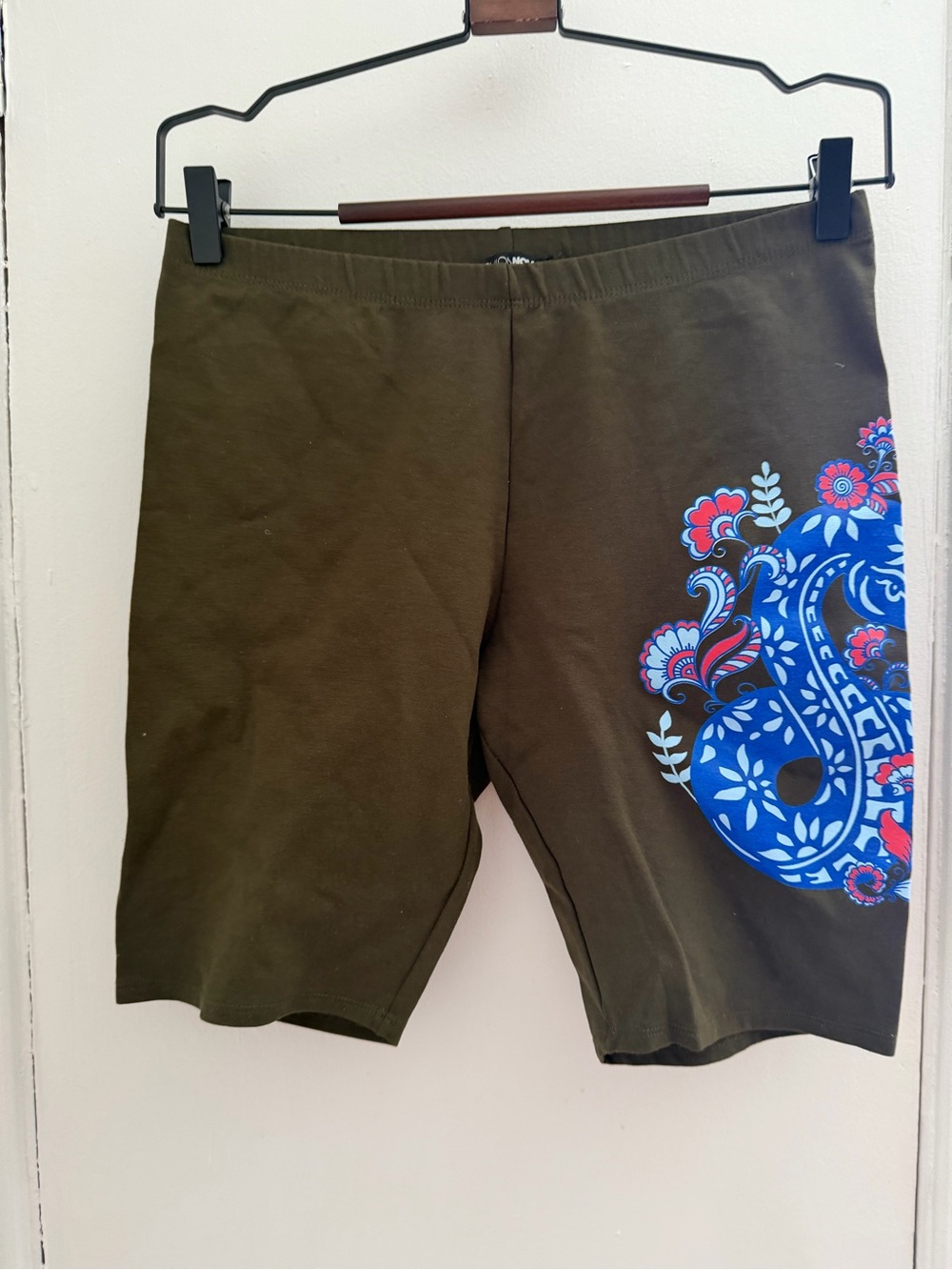 Fashion Nova Olive Green Bike Shorts with Blue Floral Print